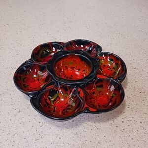 Vintage Mid Century California USA Pottery Lazy Susan Serving Set Black Red MCM